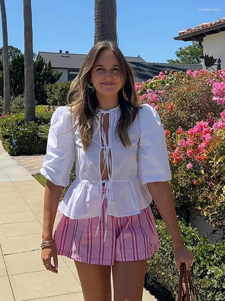 Striped Shorts Suit & Lace Up T-Shirts Set High Waist Wide Leg Pant Summer Holiday Collection