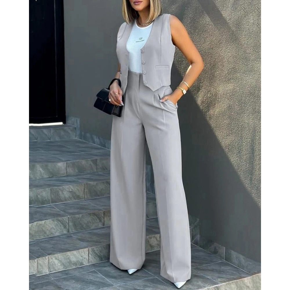 Ensembles Femme Buttoned VNeck Waistcoat Top Wide Leg Pants Sets Business Attire for Women Summer 2 Pieces Set Workwear 240428