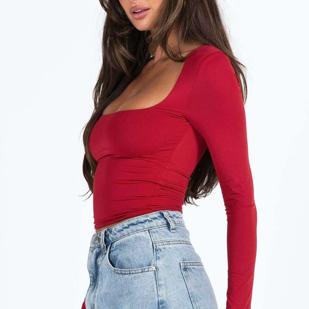 2024 New Women's Long sleeved Solid Color Open Navel Square Neck T-shirt Top F59 20