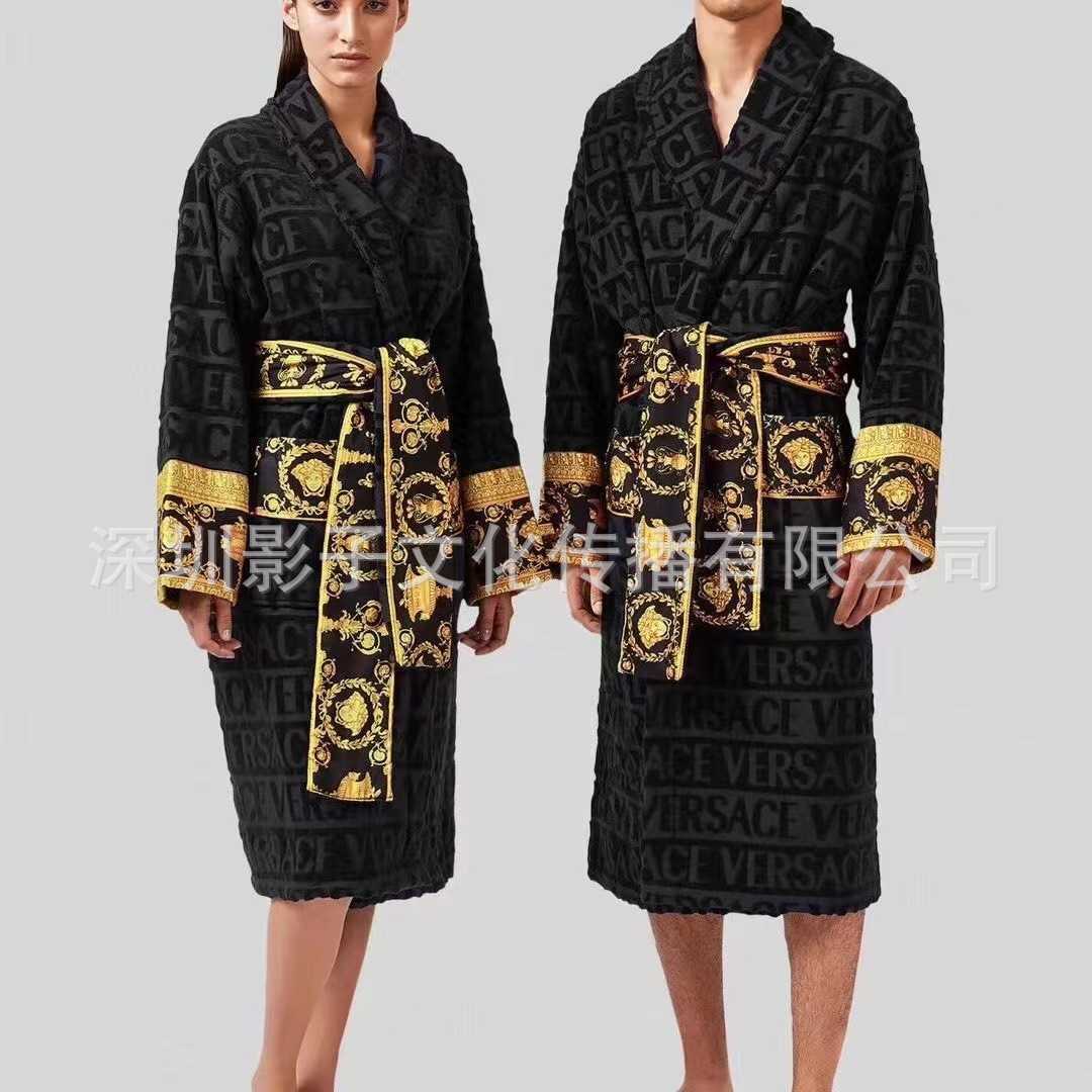 Pure cotton bathrobe absorbent towel material couples all-season universal bathrobe pajama long style quick drying winter black