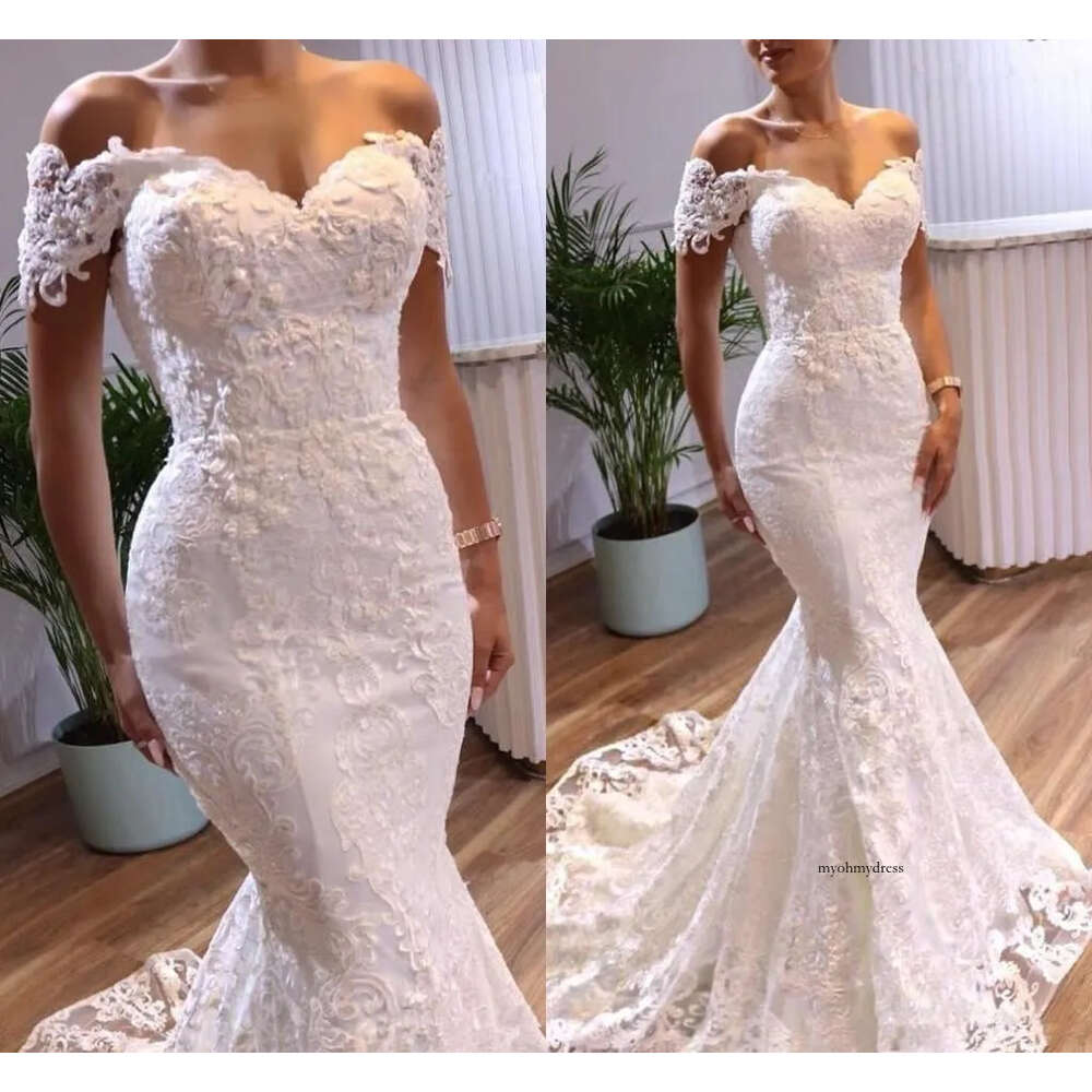 2021 Elegant Mermaid Wedding Dresses Bridal Gown Short Sleeves Off Shoulder Lace Applique Sweep Train Custom Made Plus Size Formal Dress Vestido de no