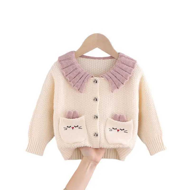 Sets Girls sweater cardigan spring 2023 new Korean girls single chest lapel jacket baby soft thick knit top Q240508