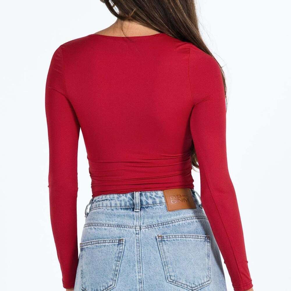 2024 New Women's Long sleeved Solid Color Open Navel Square Neck T-shirt Top F59 20
