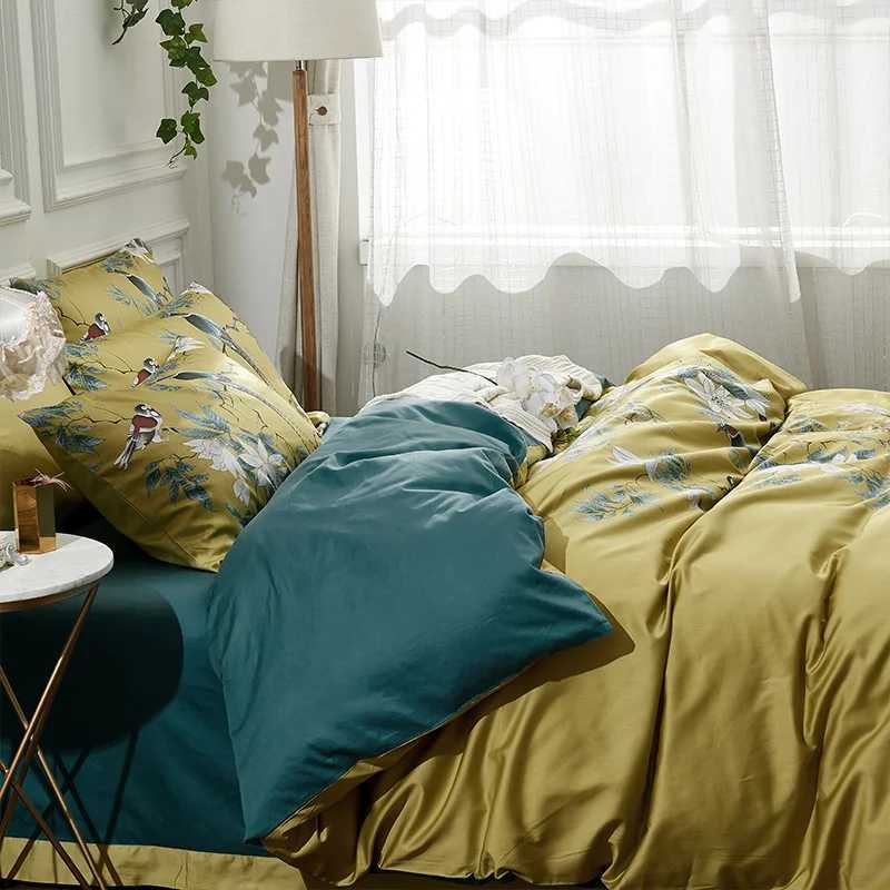 Bedding sets Silk Egyptian Cotton Yellow Chinese Style Bird Flower Down Duvet Cover Bedding Supplies Large and Large Bedding Supplies J240507