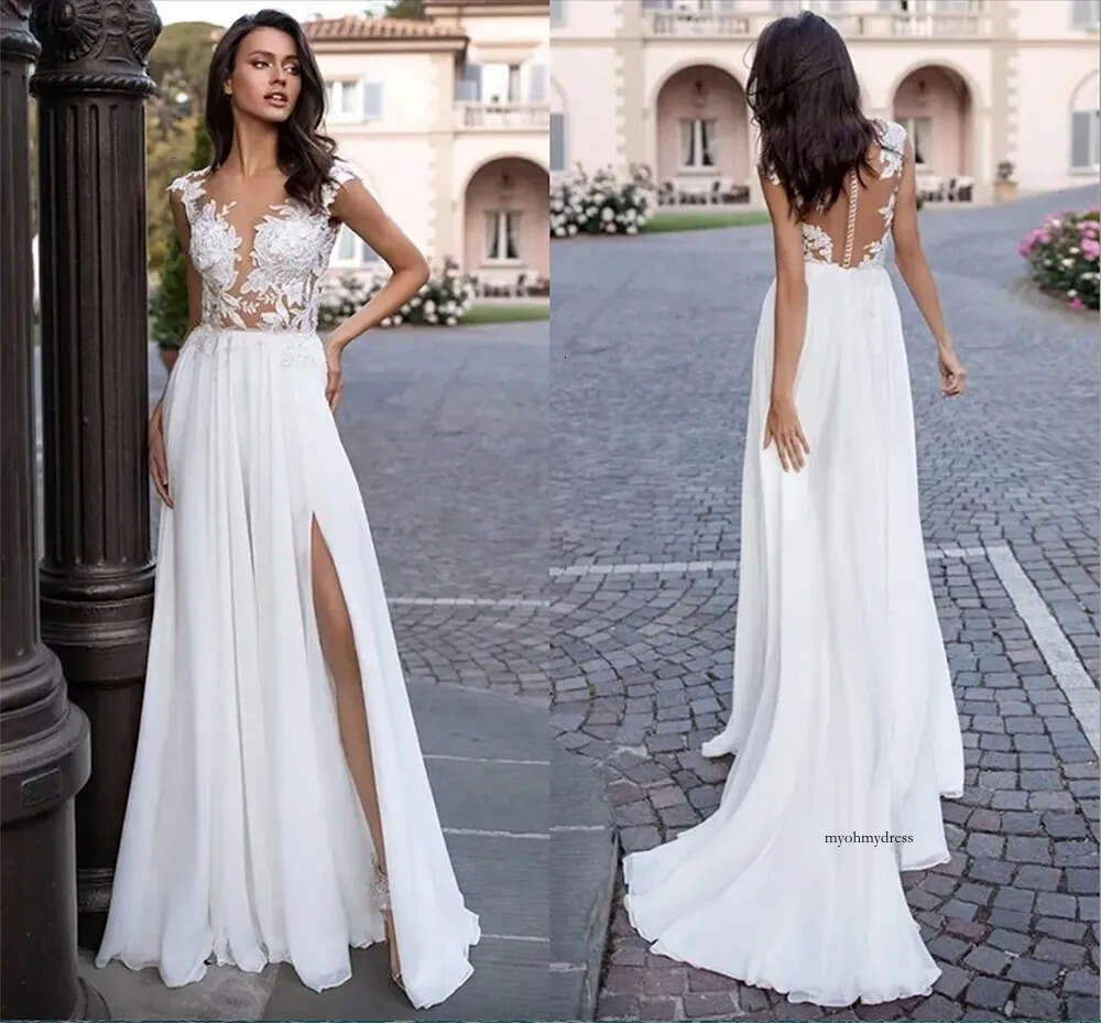 Summer Beach Boho Wedding Gowns Jewel Neck Lace Appliques Cap Sleeve Bridal Dress Sexy Side Slit Sweep Train Chiffon A Line robes de mariee Illusion B