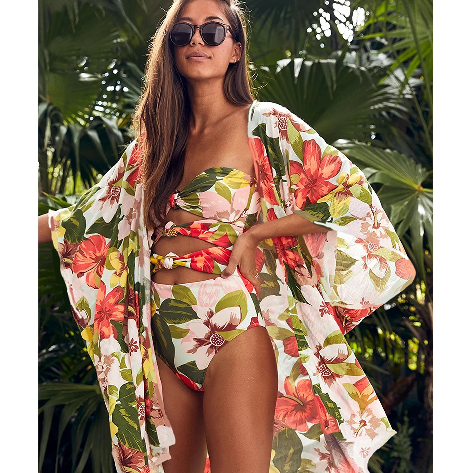 Bandage One Piece Swimsuit Women Swimwear Printed Monokini Floral Backless Bathing Suit Summer Beachwear Bikinis Cover Up 240509