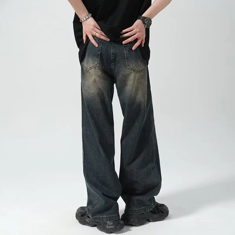 American Retro distressed jeans mens high street straight loose washed wide-leg denim trousers male streetwear 240429