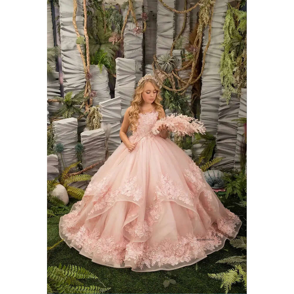 Pink Floral Lace Flower Dresses Fluffy Princess Tiered Pageant Kids Birthday Ball Gown Child Girl Evening Dress 0509