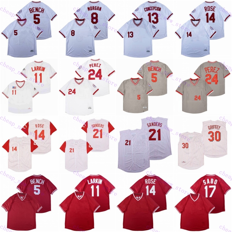 Cheap Baseball Jerseys 5 Bench /8 Morgan /11 Larkin /13 Concepcion /14 Rose /17 Sabo /21 Sanders /24 Perez /30 Griffey Jr. 1969 Vintage Retro White Green Grey Stitched