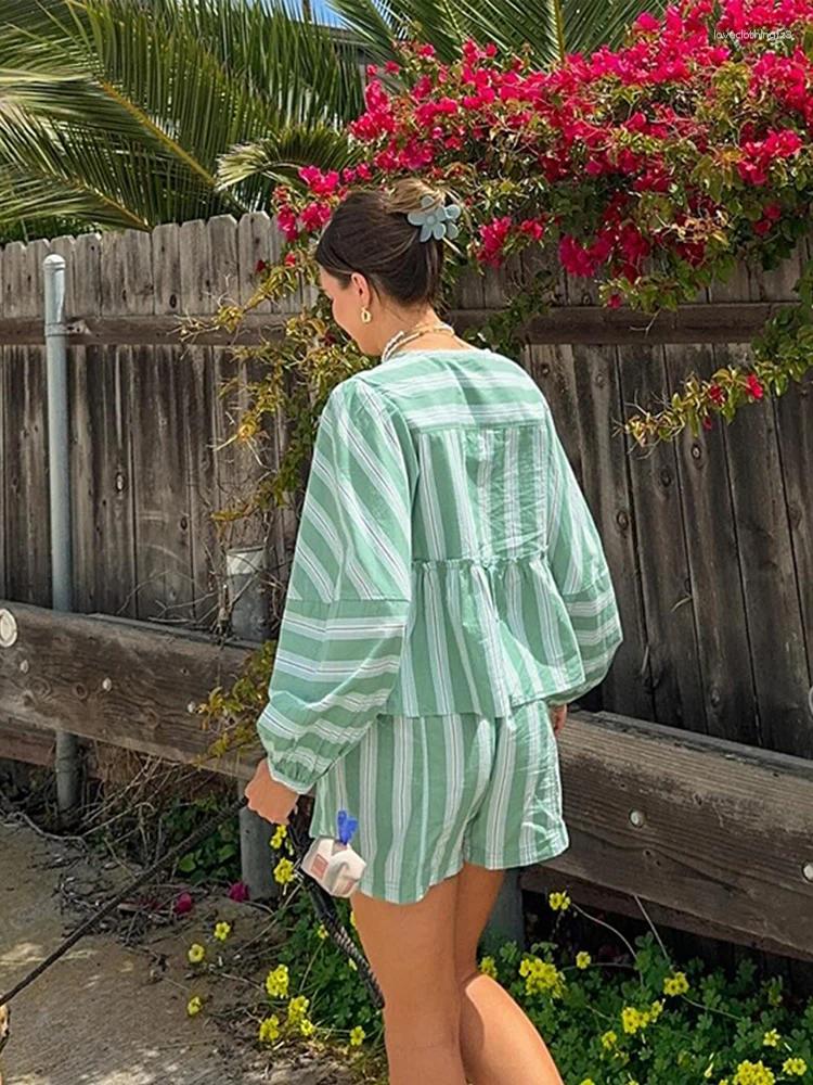 Striped Shorts Suit & Lace Up T-Shirts Set High Waist Wide Leg Pant Summer Holiday Collection