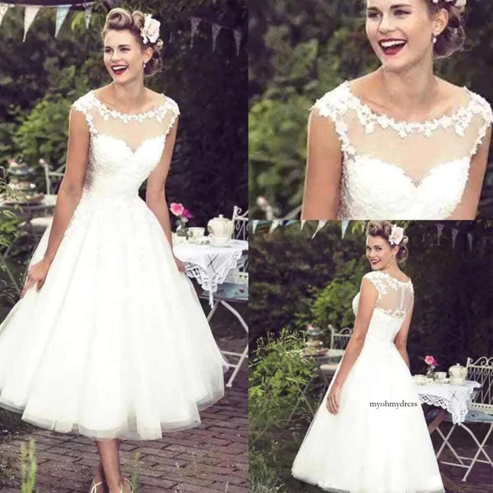 2022 Vintage Lace Short A Line O Neck Sheer Tulle Applique Tea Length Wedding Dresses Bridal Gowns Robe de mariee BC2991 0509