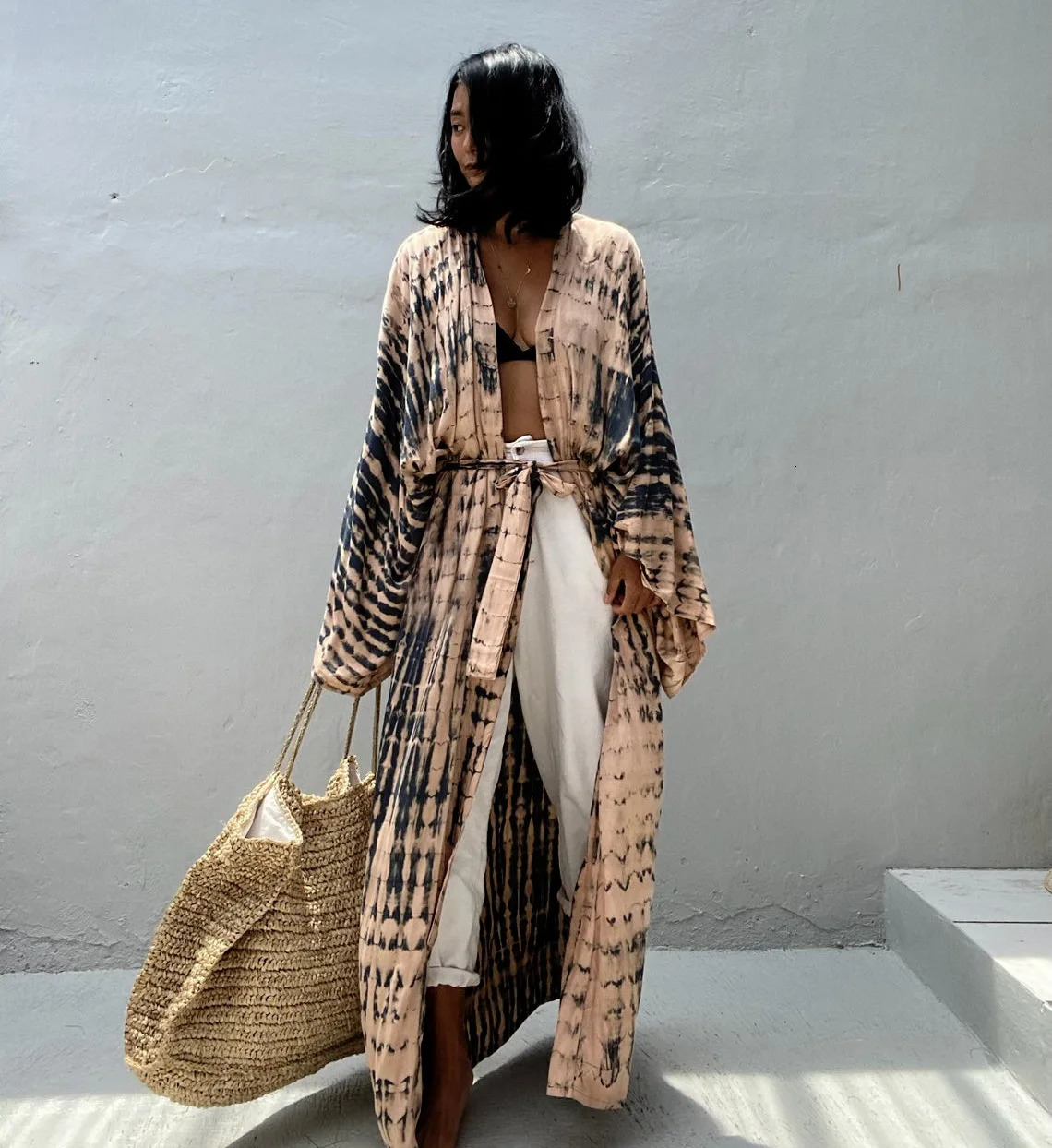 2023 Womens Boho Stripe Tie Dye Swimsuit Cover Up with Belt Tunic Sarong Cardigan Dress Bikini Coverups Beach Wear Kimono 240426