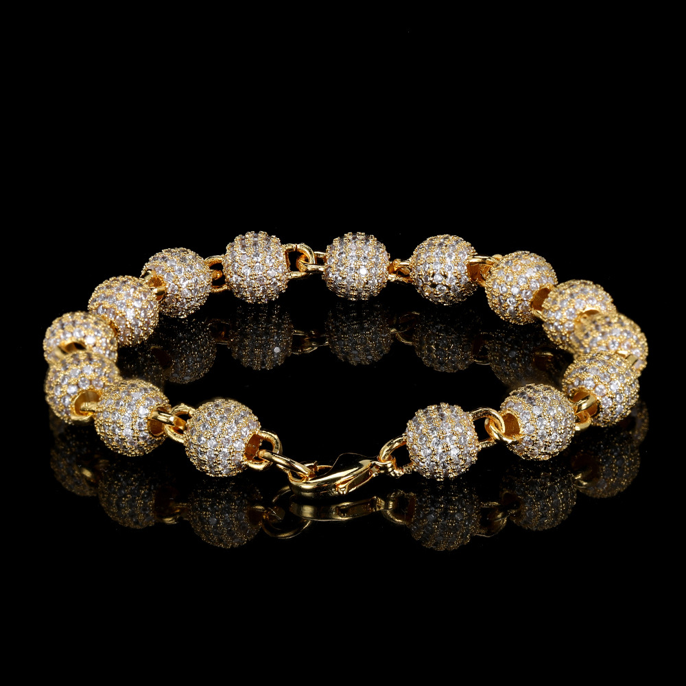 8mm Hip Hop Round Beads Ball Chain Bracelets 5A Zircon Gold Plated Women Mens Jewelry