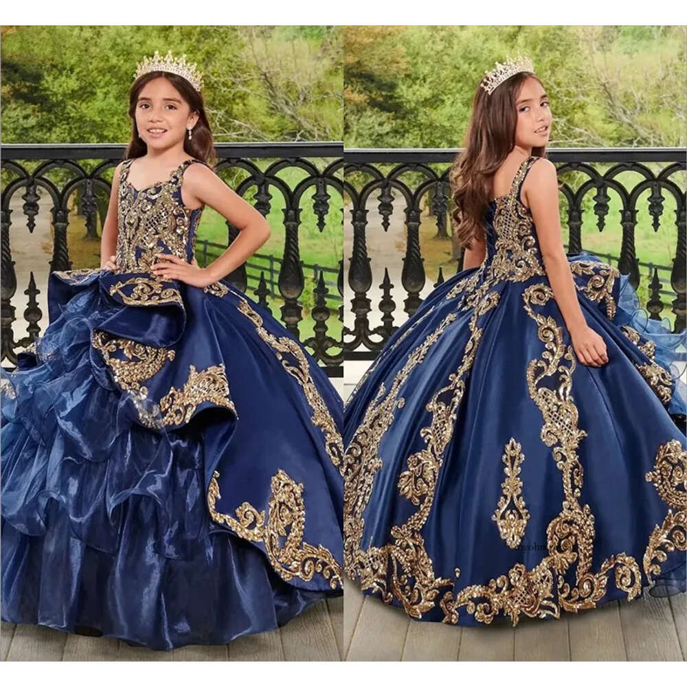 Dark Blue Little Girl's Pageant Dresses With Gold Lace Appliqued Puffy Tiered Ruffles Princess Ball Gown For Wedding Birthday Kids Todder Formal 