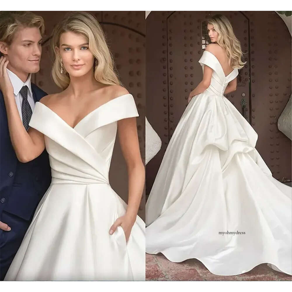 Vintage Off Shoulder A Line Wedding Dresses For Brides Simple Satin Elegant Pleated Boho Garden Bridal Gowns Long Court Train Drapped Second Reception
