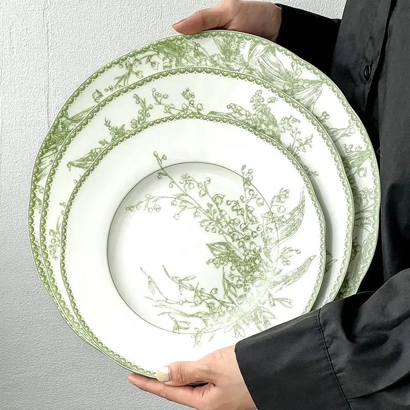 Dishes Plates European Style Jade Green Lily of The Valley Series High-end Exquisite Bone China Western Dining Plate Dessert Plate Tableware 240508 H2
