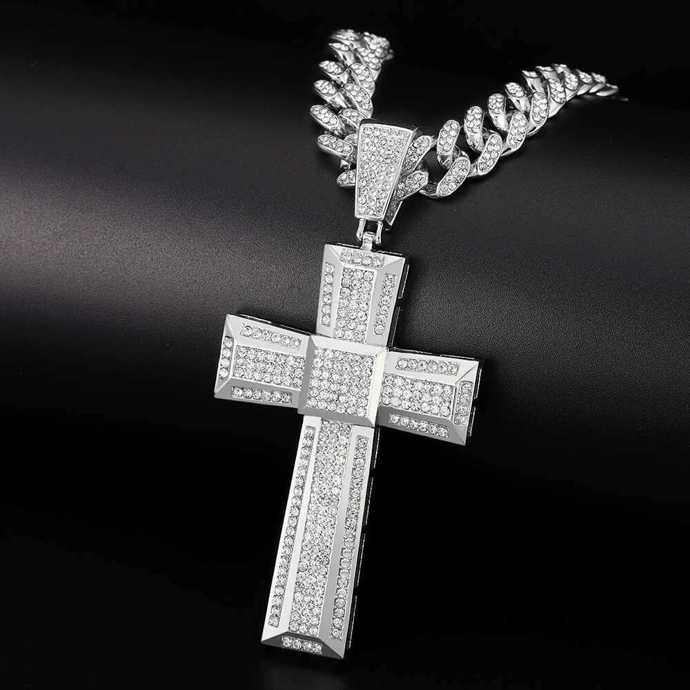 Gold Color Men 13mm Cuban Chain Necklace Iced Out Bling Cross Pendant Hip Hop Jewelry Gift Women
