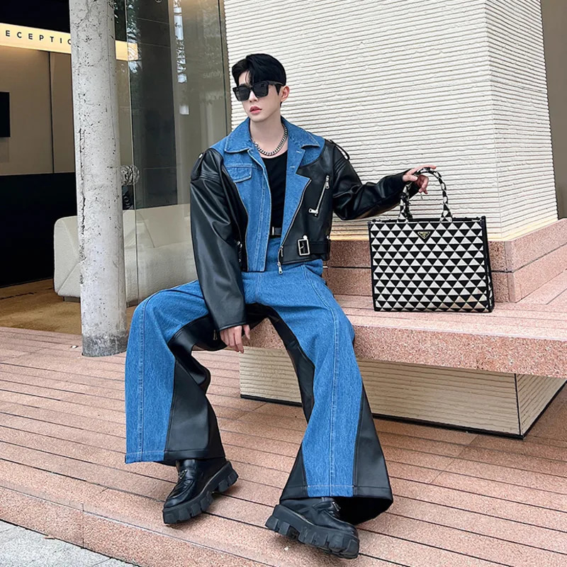 NOYMEI Irregular Washed Denim Patchwork Lapel Short Jacket Wide Leg Pants Mens Twp Pieces Set Autumn Male Suits WA3009 240429