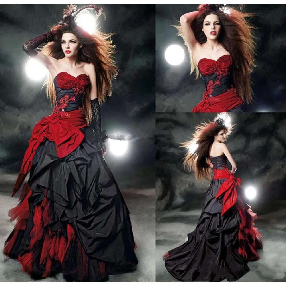 Black And Red Gothic 2021 Wedding Modest Sweetheart Ruffles Satin Lace-Up Back Corset Top Ball Gown Bridal Dresses 0509