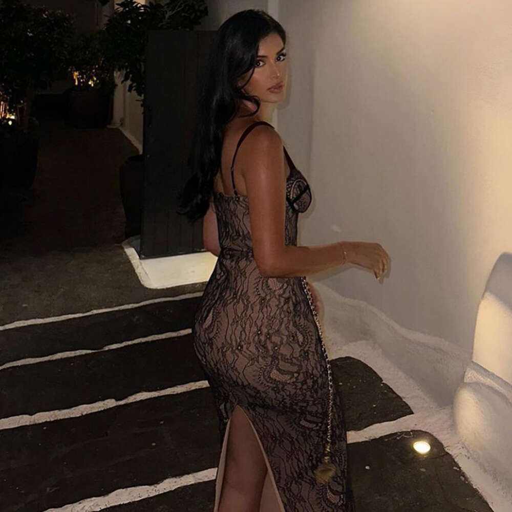 2024 Hot selling New Sexy Spicy Girl Lace Spliced Open Back Suspended Strap Split Long Dress F5964