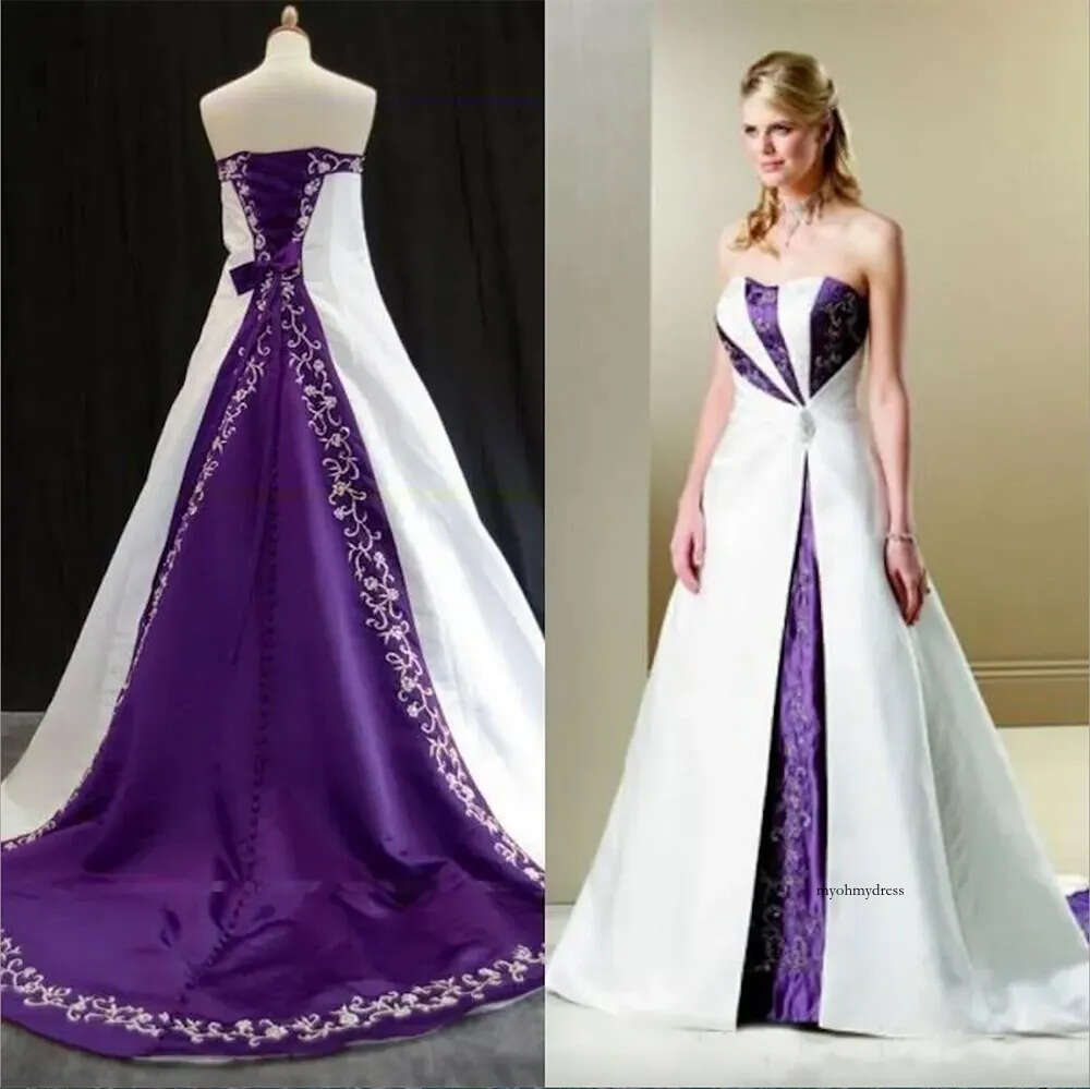 2024 White and purple Embroidery Gown Country Rustic Bridal Gowns Unique Plus Size Wedding Dress Sweep Train 0509