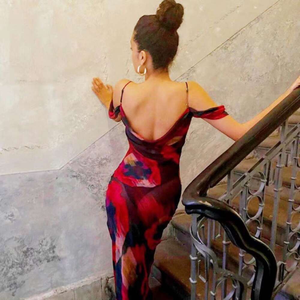 Women's clothing 2024 summer new fashion print suspender sleeveless high waisted one shoulder style dress long skirt F5936