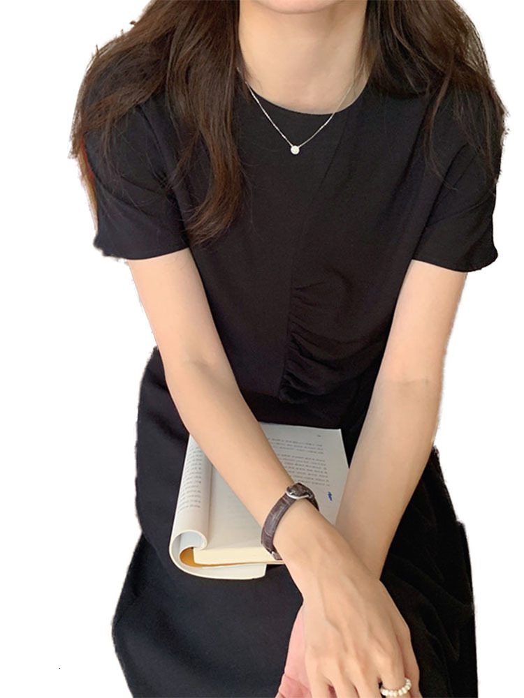 Summer Fashion Temperament Elegant Simple O-neck Pleated Loose Irregular Solid Color Short sleeved Robe Dress Women 16F1200 210423