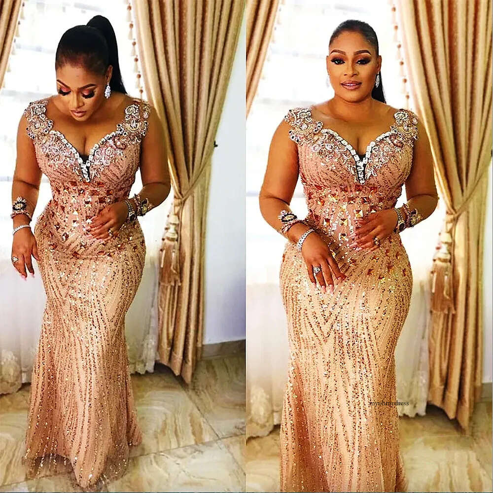 2023 Arabic Aso Ebi Champagne Mermaid Prom Dresses Beaded Crystals Sexy Evening Formal Party Second Reception Birthday Engagement Bridesmaid Gowns Dre