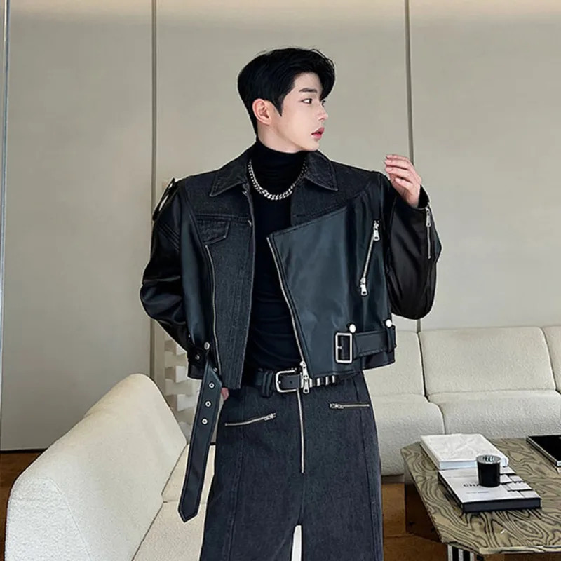 NOYMEI Irregular Washed Denim Patchwork Lapel Short Jacket Wide Leg Pants Mens Twp Pieces Set Autumn Male Suits WA3009 240429