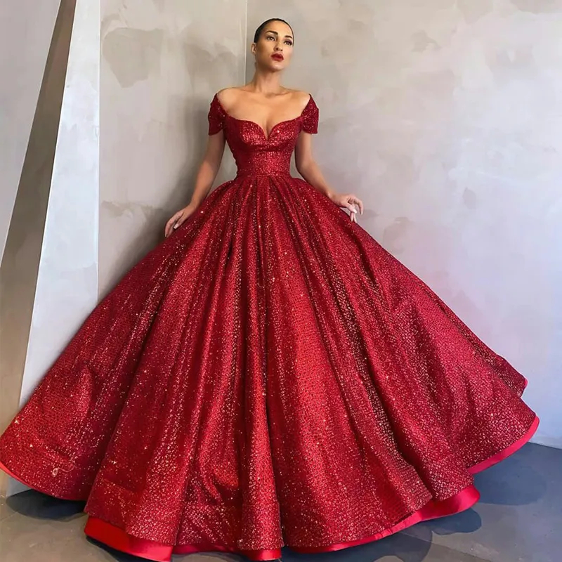 2024 Sparkly Dark Red Sequined Quinceanera Dresses Off Shoulder Short Sleeves Ball Gown Prom Gowns Long Floor Length Graduation Party Dress Vestido De