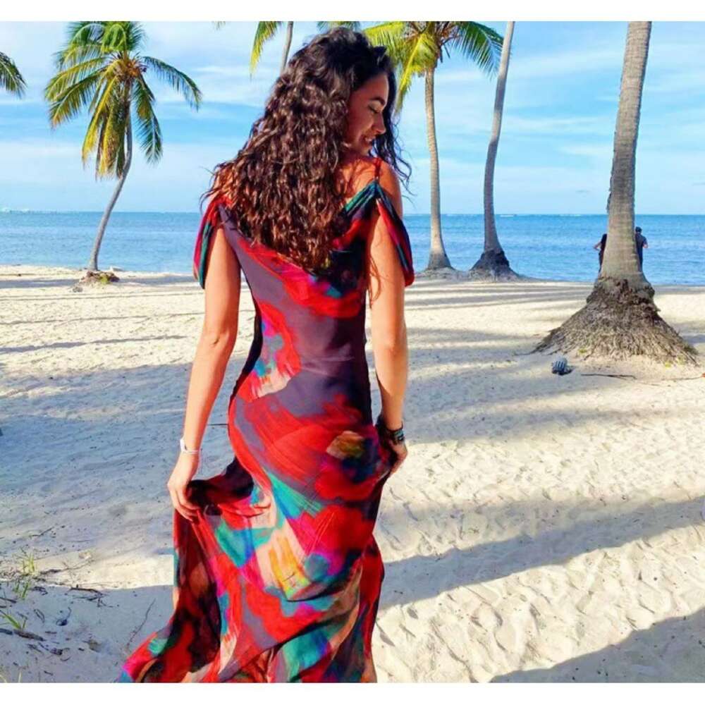 Women's clothing 2024 summer new fashion print suspender sleeveless high waisted one shoulder style dress long skirt F5936