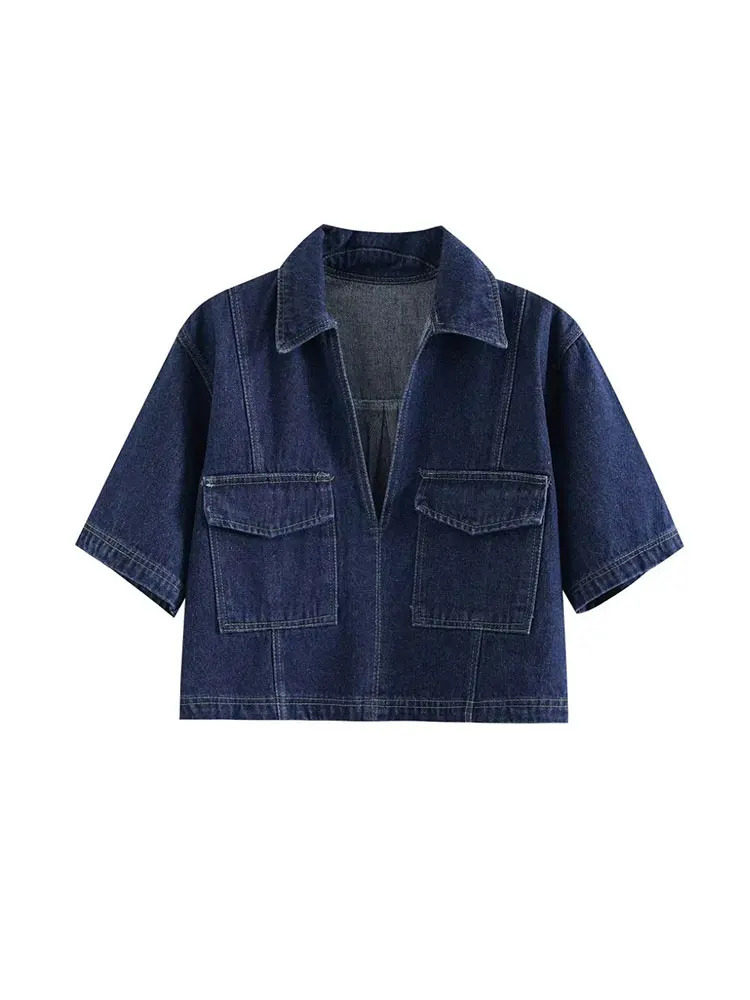 TRAF 2024 Womens Fashion Flip Pocket Decoration Short Collar Slim fit denim Top Asymmetric Denim Skirt 2 Piece Set 240507