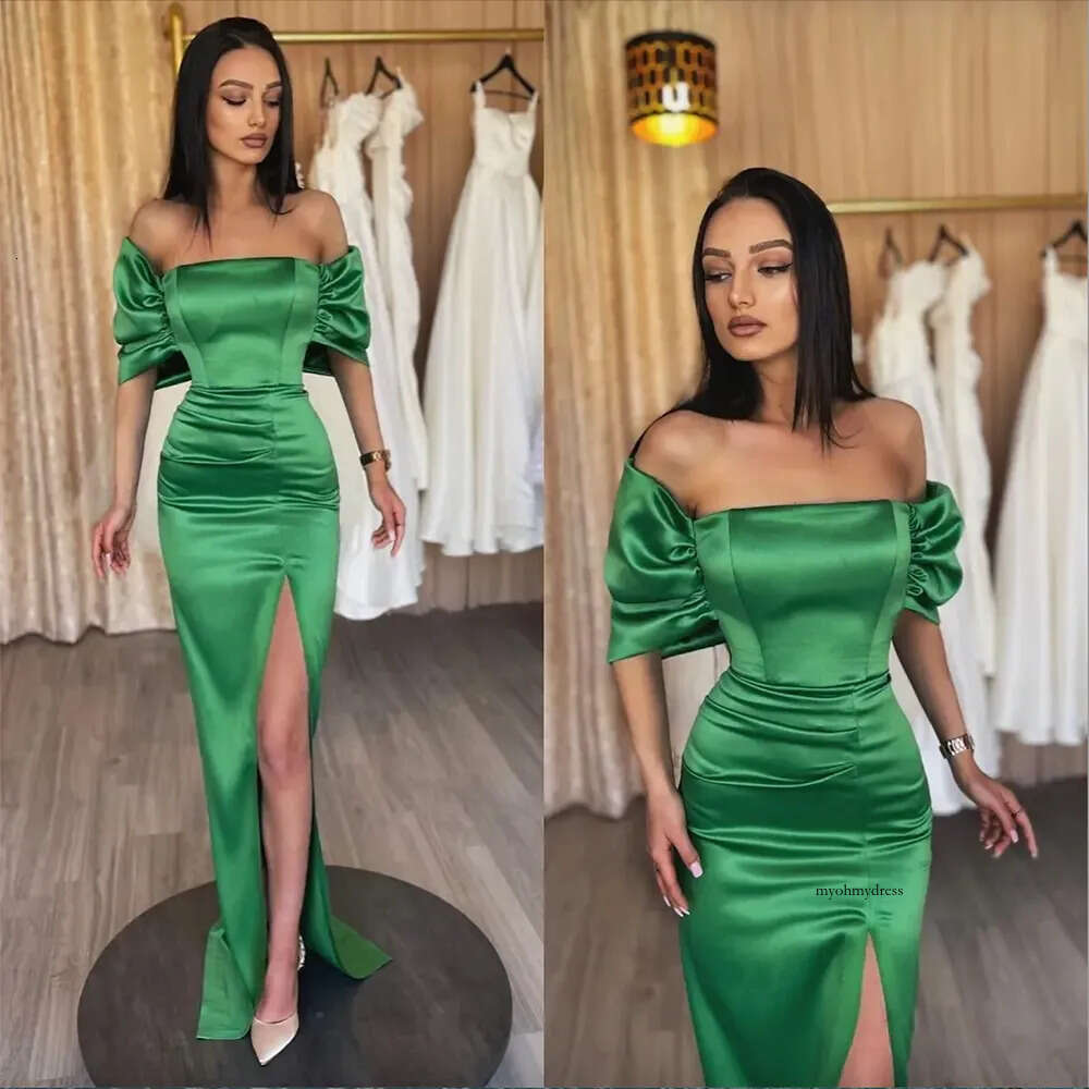 2024 Green Prom Dresses Mermaid Off the Shoulder Satin Side Slit Floor Length Custom Made Ruched Evening Party Gowns vestidos Plus Size 0509
