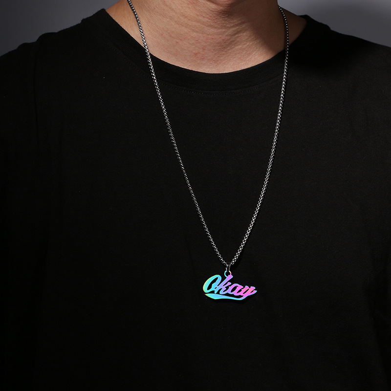 Colorful OKAY Letters Pendant Necklace Stainless Steel Sweater Chain Jewelry