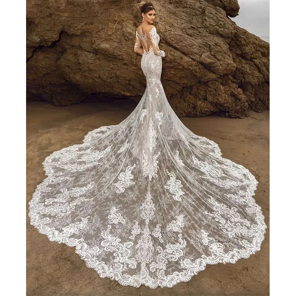 Newest Illusion Wedding Dress Mermaid Lace Deep V-Neck Neck Full Sleeves Chapel Train Plus Size Bride Gown 2024 Vestidos De Novia Mariage 0509