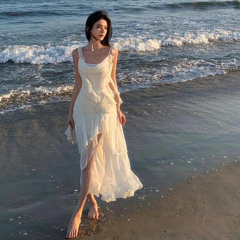 Casual Dresses Beige Elegant Sexy Club Asymmetrical Ruffles Slip For Women Summer Backless Holiday Beach Party Split Long Dress Fashion