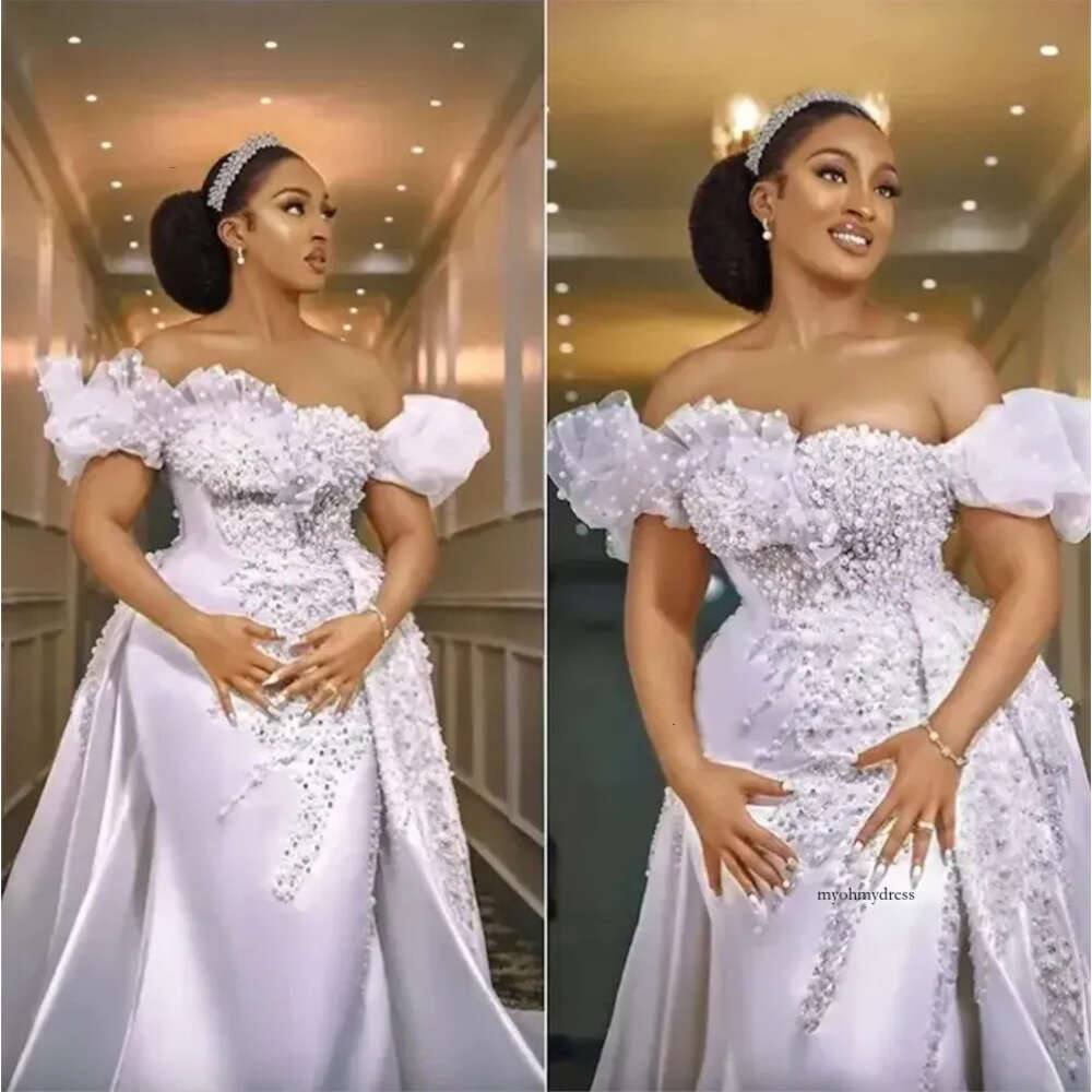 Pearls Mermaid Wedding Dresses Bride Gowns With Detachable Train African Nigerian Off The Shoulder Beaded Applique vestido de novia 0509