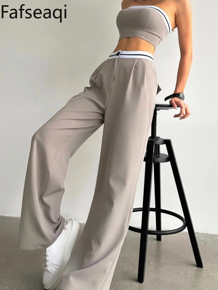 Sexy Womens Tracksuit with Boob Tube Top Slash Neck Contrast Color Wide Leg Trousers Sports Suit for Women Two Piece Set Outfit 240423
