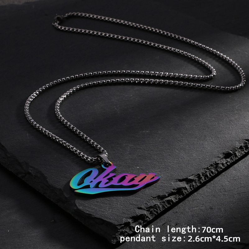 Colorful OKAY Letters Pendant Necklace Stainless Steel Sweater Chain Jewelry