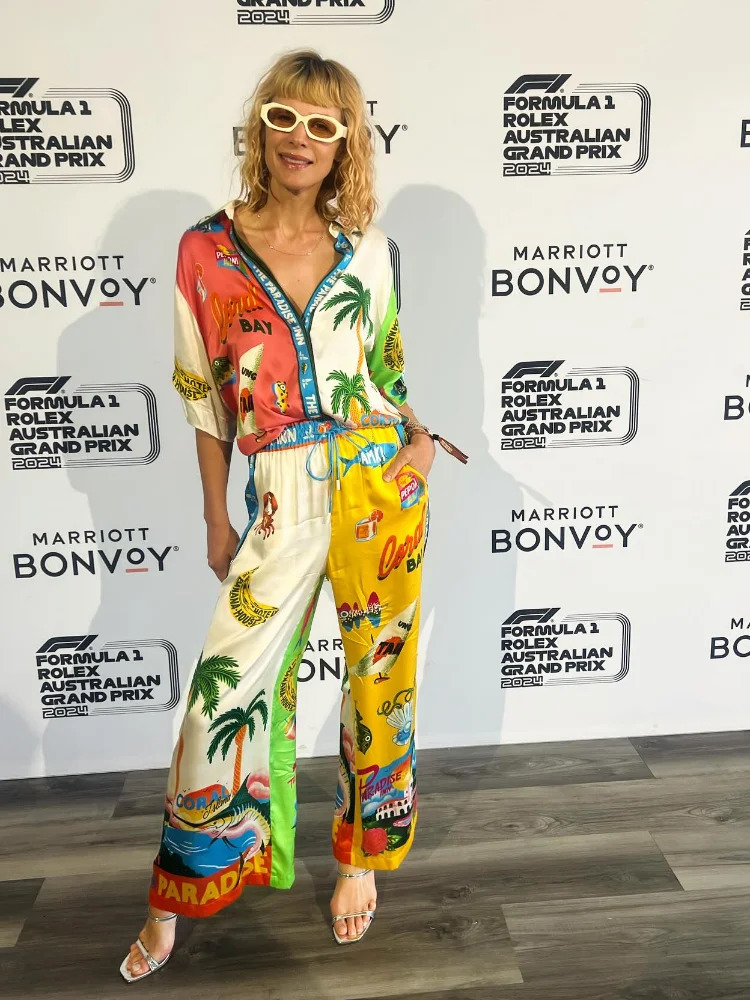 Summer Beach Print Flip Collar Shirt Pants Set Elegant Womens Single breasted Long sleeved Shirt 2-piece Holiday Set 240508