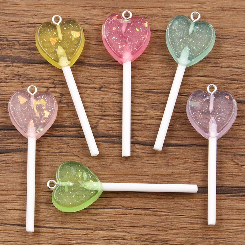 10Pcs Mix Color Size Bling Glitter Heart Round Duck Star Lollipop Resin Charms For Earring Kawaii 3D Keychain Jewelry Making 240507