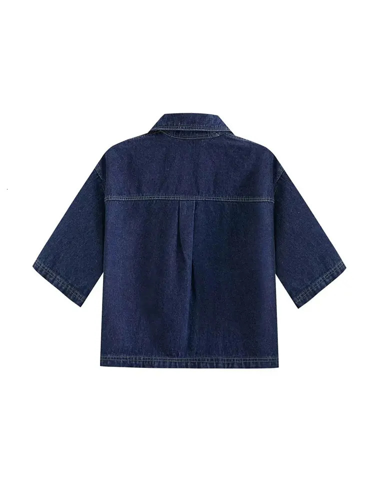 TRAF 2024 Womens Fashion Flip Pocket Decoration Short Collar Slim fit denim Top Asymmetric Denim Skirt 2 Piece Set 240507