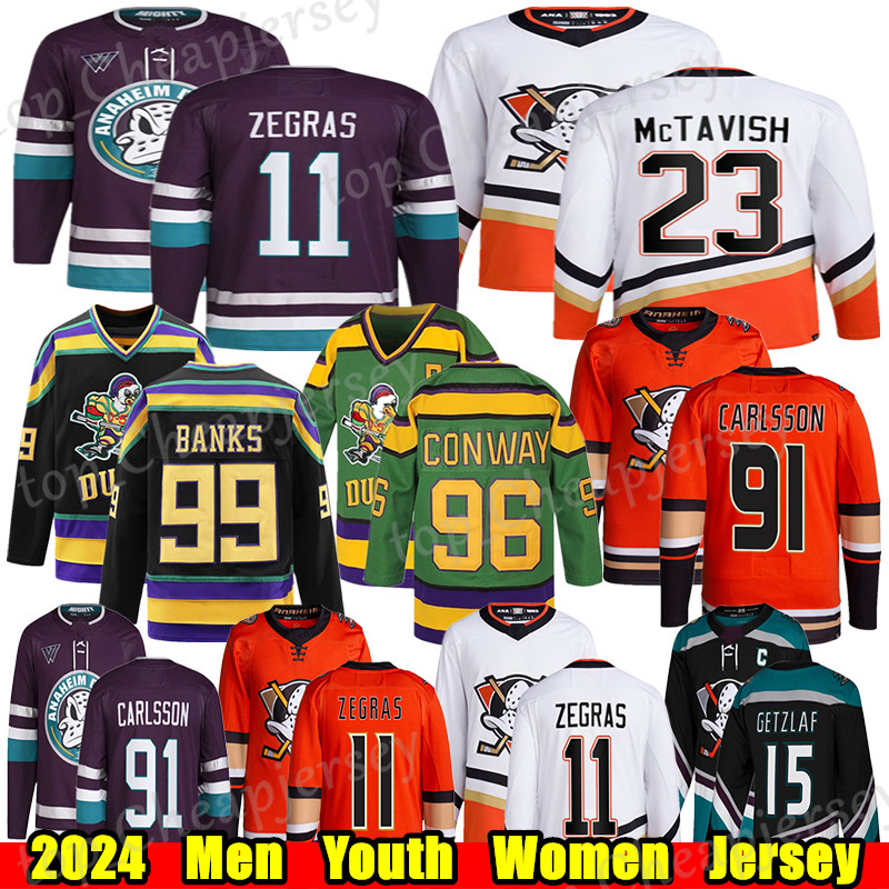 #11 Trevor Zegras Anaheim hockey jersey #91 Leo Carlsson Troy Terry Ryan Getzlaf John Gibson Cam Fowler Paul Kariya Charlie Conway Mason McTavish mighty ducks jerseys