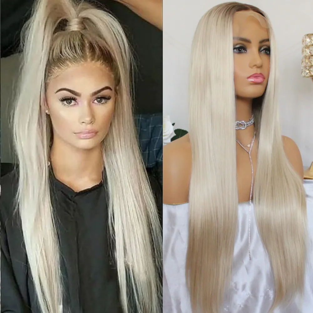 Highlight Brown Lace Front Wig Long Straight Synthetic Lace Wigs For Women Middle Part Highlight Blonde T Part Glueless Lace Wig