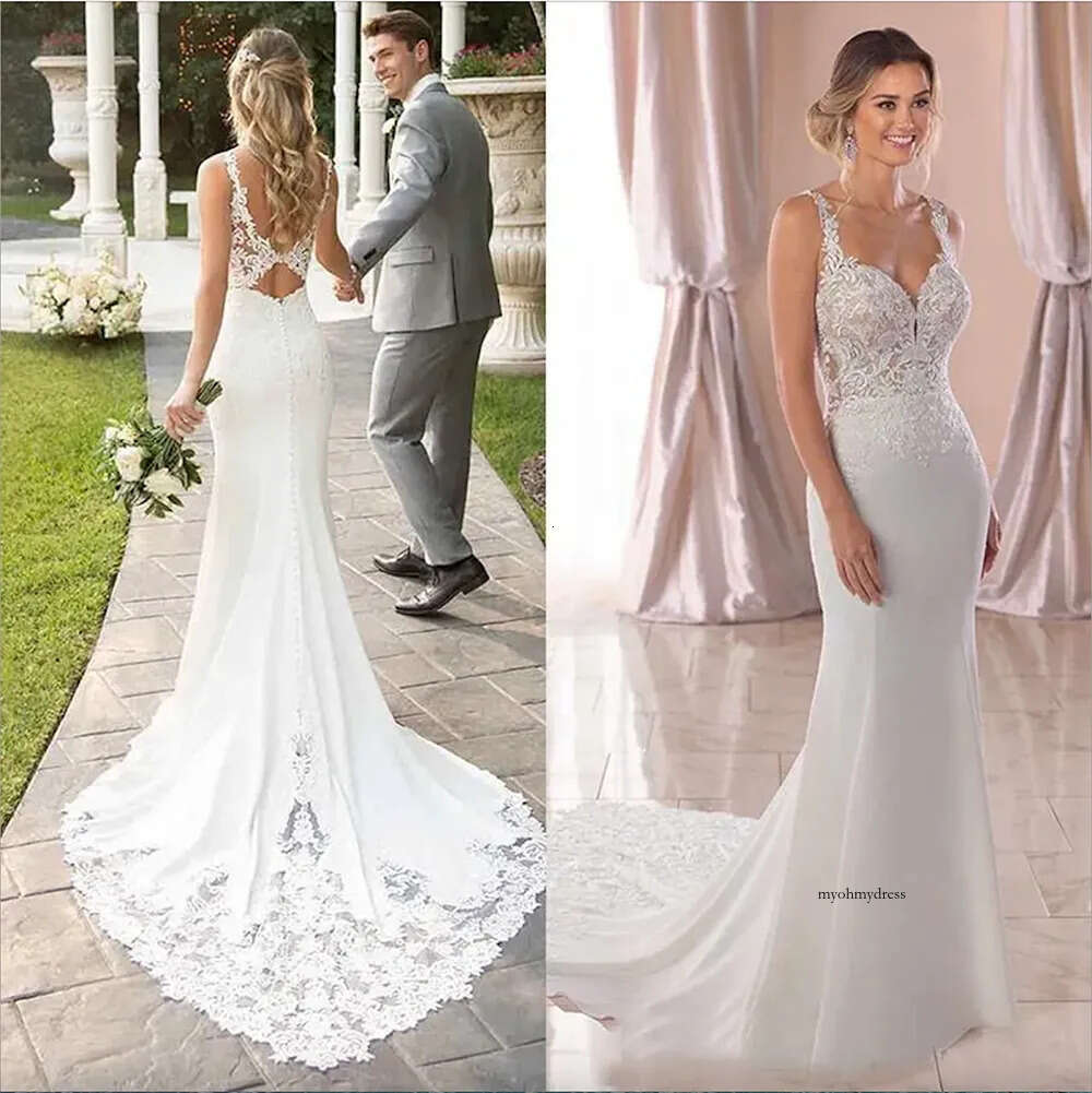 2023 Beach Wedding Dresses Bridal Gown Spaghetti Straps Mermaid Lace Applique Sweep Train Backless Custom Made Vestido de novia 0509