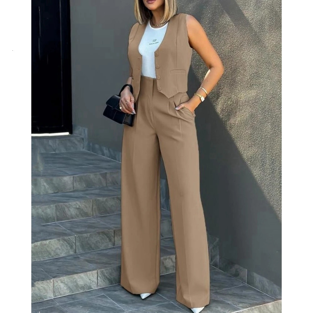 Ensembles Femme Buttoned VNeck Waistcoat Top Wide Leg Pants Sets Business Attire for Women Summer 2 Pieces Set Workwear 240428