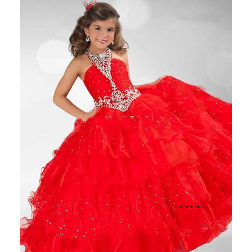 Cute Red Multi Layered Little Girl Party Ball Gowns Halter Beaded Pageant Dresses halloween costumes Kids Formal Wear 0509