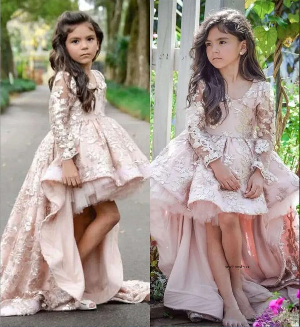 2023 Pink High Low Long Sleeve Flower Girl Dresses V Neck Lace Applique Ruffles Girls Pageant Gowns Children A Line Kids Prom Party Dres 0509