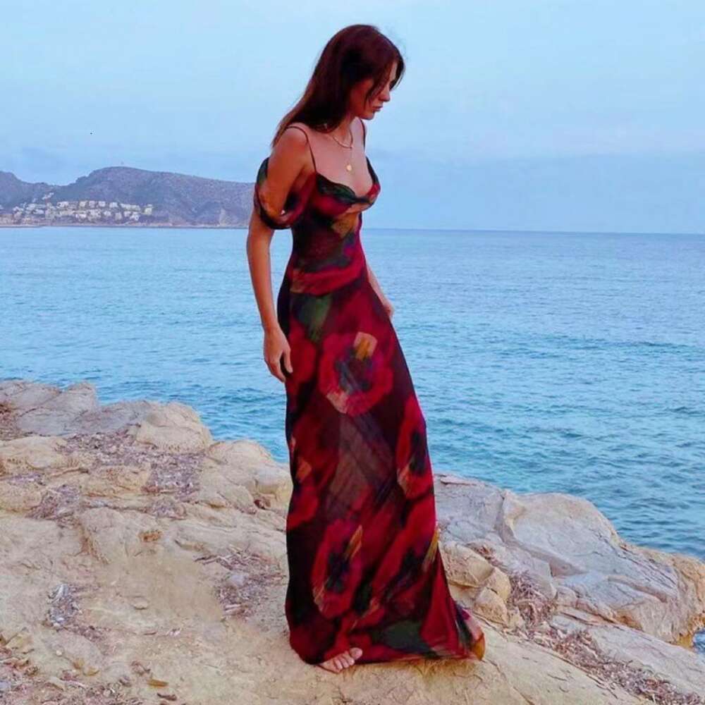Women's clothing 2024 summer new fashion print suspender sleeveless high waisted one shoulder style dress long skirt F5936