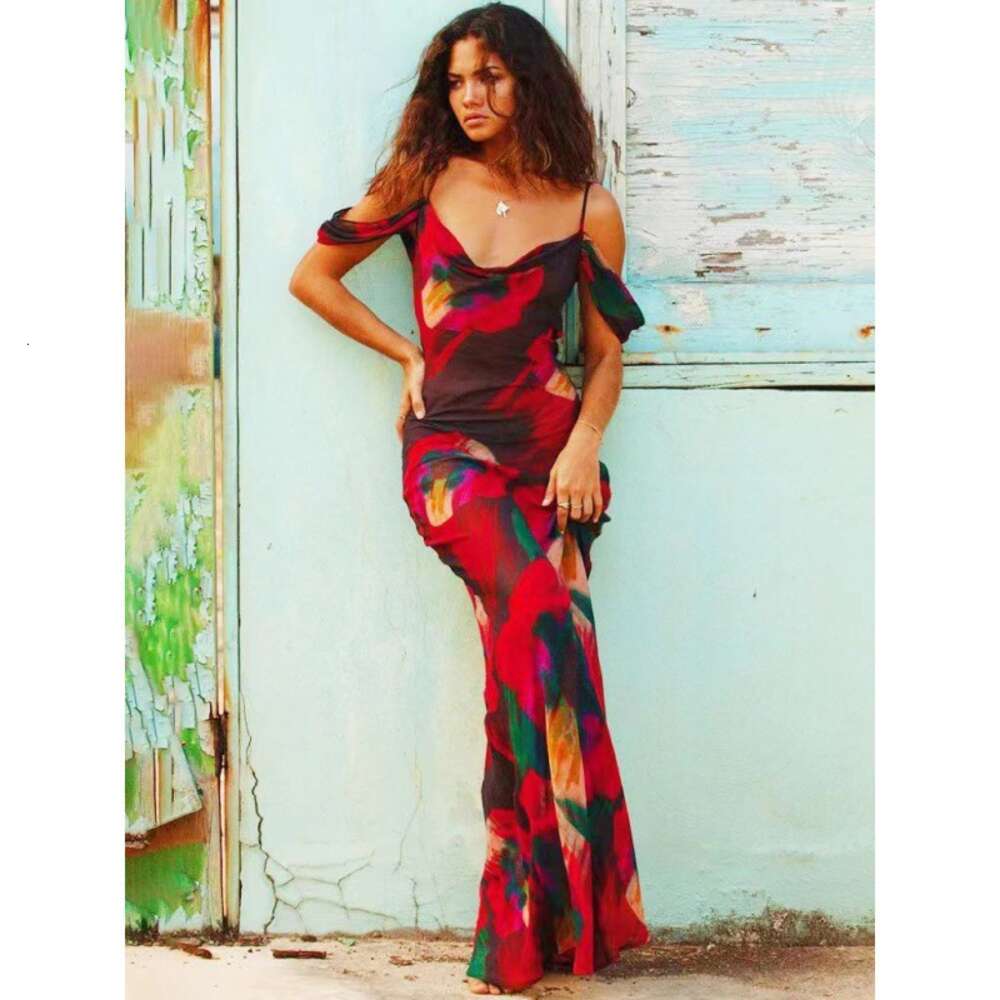 Women's clothing 2024 summer new fashion print suspender sleeveless high waisted one shoulder style dress long skirt F5936